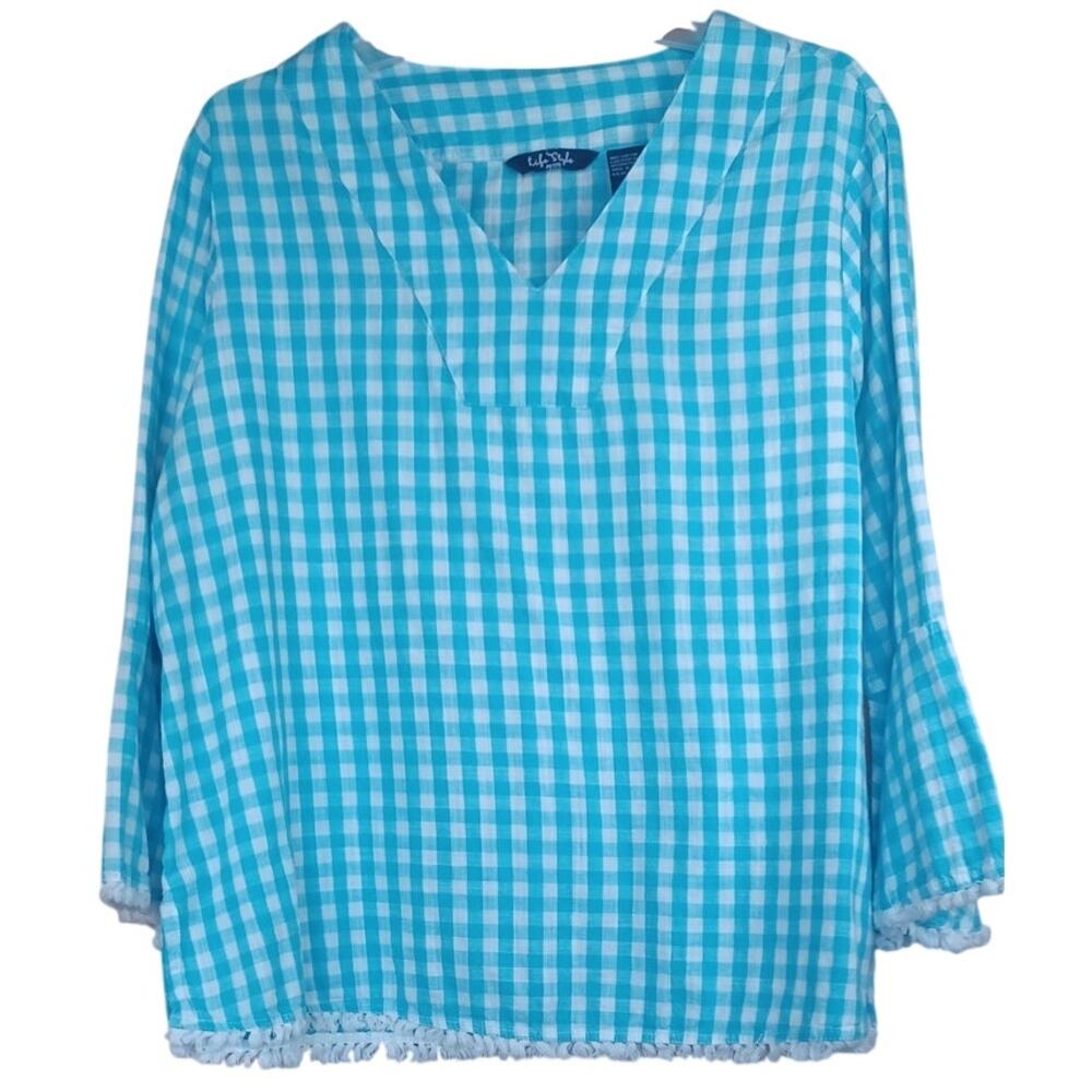 Life Style Petite Large Teal Gingham V-Neck Tunic Top with Fringe Hem Summer - Picture 2 of 7
